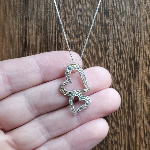 Jewelry - 18 Inch Sterling Silver Tarnished Double Heart Cute Necklace